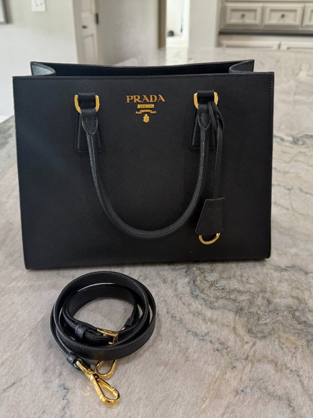 Prada Black Saffiano Lux Leather Tote Bag Gold Hardware Shoulder Strap